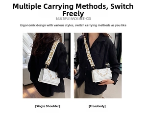 Detail of white quilted crossbody bag with decorative chain and wide pattern strap