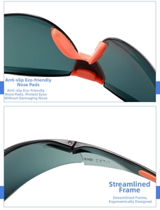 Detailed macro view of non-slip orange nose pads and ANSI Z87.1 safety sport glasses lens