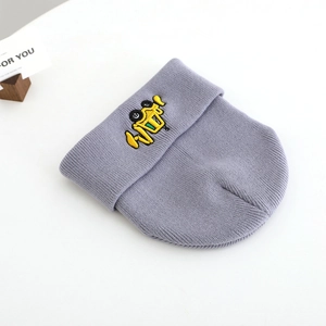 Kids lavender knit beanie with yellow excavator embroidery for warmth and wind protection