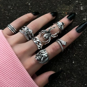 Detail of 7-piece gothic punk ring set with spider and skull designs on hand