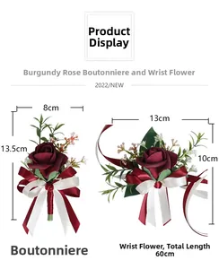 Gros plan sur la boutonnière et le corsage de poignet en rose artificielle rouge vin