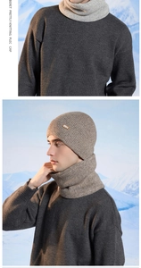 Detailed knit texture of men's winter beanie and neck warmer set in various colors