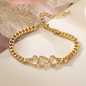 18K gold plated Cuban link bracelet with three sparkling zircon heart pendants for women