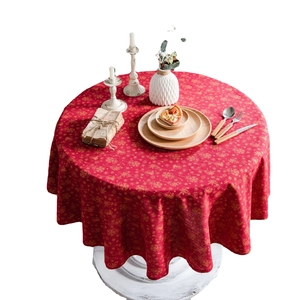 Red Christmas tablecloth with gold reindeer and snowflake patterns for round dining table