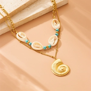 Bohemian double-layer gold necklace with white shell, turquoise beads and conch pendant