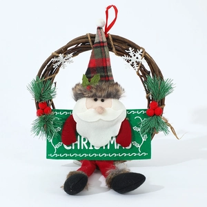 Christmas wreath with Santa Claus doll, wooden rattan ring, and green Christmas sign board