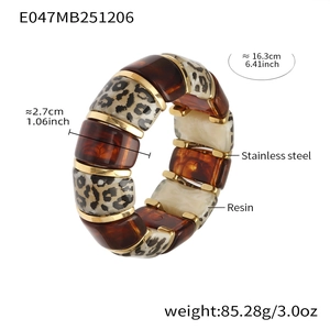 Detail view of leopard print resin bangle with stainless steel dimensions and size info