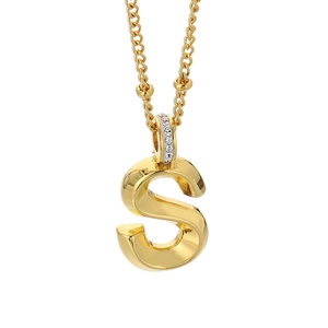 Polished gold titanium necklace with S letter pendant and zircon accents for women