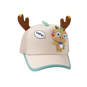 Breathable summer kids mesh baseball cap with cute 3D antlers and cartoon dragon detail