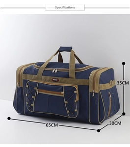 Close-up of durable navy travel duffel bag with 65cm dimensions and khaki trim detail