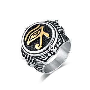 Vintage stainless steel Eye of Horus Pharaoh ring in silver, gold and black tones