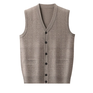 Detail of coffee brown V-neck knitted vest showing textured pattern and button closure