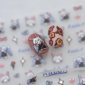 Cartoon rabbit and vintage flower nail art stickers with heart and star patterns