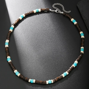 Collana bohémien da uomo con perline di legno marrone, turchese blu e chiusura a moschettone argento