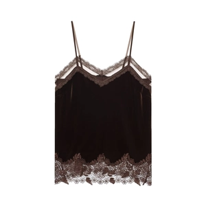Canotta Da Donna Sexy Con Scollo A V In Velluto Con Patchwork In Pizzo Spalline Sottili Senza Maniche Cami Top Caffè Marrone Casual