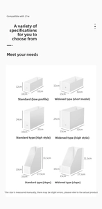 Size chart for white stackable plastic sink organizers in various heights and widths