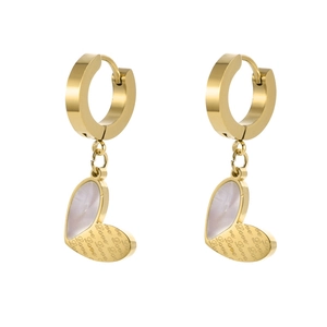 Golden heart earrings with mother of pearl inlay and engraved patterns on white background