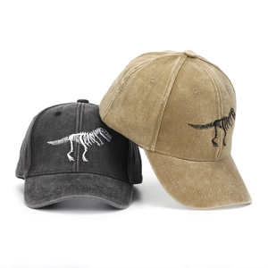 Vintage washed cotton baseball caps with dinosaur skeleton embroidery in grey and khaki