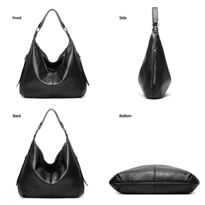 Four-view display showing front, side, back and bottom of the black leather hobo bag