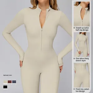 Slim fit thermal yoga jumpsuit with stand collar half-zipper and seamless front design