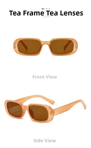 Detail view of tea-colored rectangular sunglasses showing front and side profile perspectives