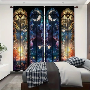 Detail of stained glass style polyester curtains with celestial moon and sun patterns