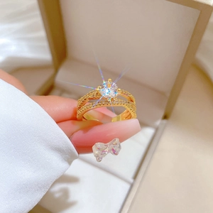 Twisted Cross Double Layer Adjustable Ring With Round Cubic Zirconia Gold Plated Copper Jewelry Gift For Women