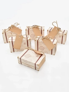 Set of 6 mini vintage suitcase candy boxes with kraft paper tags and rustic jute twine
