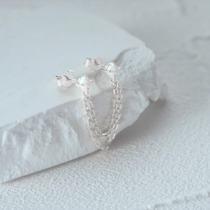 Detail of S925 sterling silver tassel earrings featuring opal stones and chain fringe
