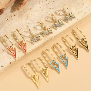Lightning Lion Dance Pendant Earrings Gold Plated Copper With Zircon Enamel Jewelry For Women Retro Personalized Fashion