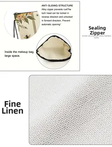 Detail of bee floral makeup bag with anti-slip alloy zipper and linen texture