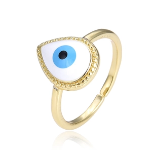 Adjustable gold teardrop evil eye ring with blue and white enamel details for women