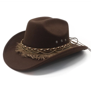 Brown wide brim western cowboy hat with metal chain and fringe tassels decoration