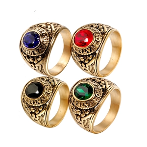 Retro Military Signet Ring Men Stainless Steel Embossed Eagle Round Colorful Gemstone Jewelry