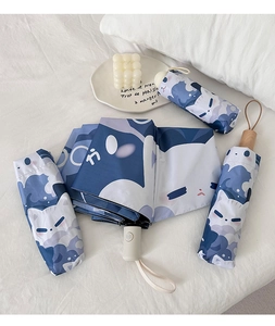 Detail of blue and white cat cartoon folding umbrella with matching storage pouch