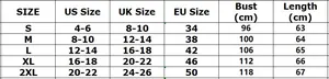 Guida alle taglie camicia con volant con misure US, UK, EU in centimetri