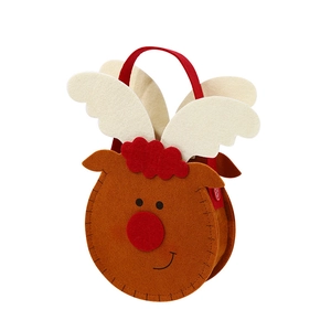 Cute reindeer cartoon Christmas felt gift bag with red handles in 3D side view