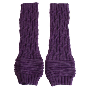 Purple cable knit fingerless gloves with ribbed cuffs for winter warmth and fashion