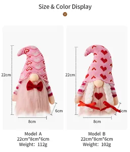 Detailed size chart showing pink Valentine's gnome plushies with dimensions and weight