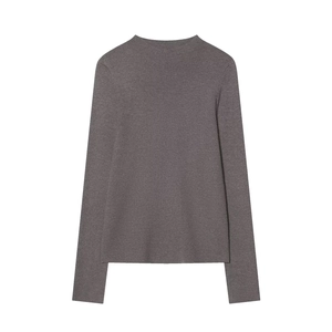 Detail of grey ribbed knit long sleeve sweater with seamless high neckline texture