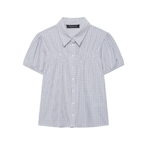 Women Gingham Plaid Short Sleeve Shirt Polyester Puff Sleeve Smocked Button Down Blouse Collar Top Sweet Chic