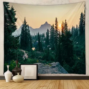 Forest Landscape Tapestry Wall Hanging Polyester Fabric Nature Scenery Trees Mountains Sunset Digital Print Home Decor