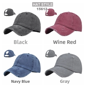Detailed grid of distressed ponytail baseball caps in black, navy, burgundy, and grey colors