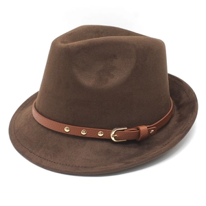 Brown suede fedora hat with rolled brim and leather band with gold rivets and buckle