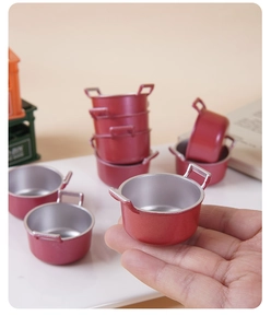 Miniature red dollhouse soup pot with dual handles for micro kitchen scenes