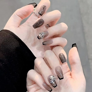 Black Grey French Tip Press On Nails With Rhinestone Glitter Coffin Shape Glossy Fake Nails For Women