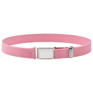 Detailed view of pink elastic belt featuring a silver magnetic metal buckle for kids