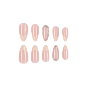Elegant almond-shaped nude pink press-on nails with French tips and silver relief details