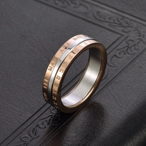 Macro detail of rotating calendar ring in rose gold and silver stainless steel