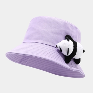 Detail of lilac cotton bucket hat with cute 3D panda plush and fine brim stitching